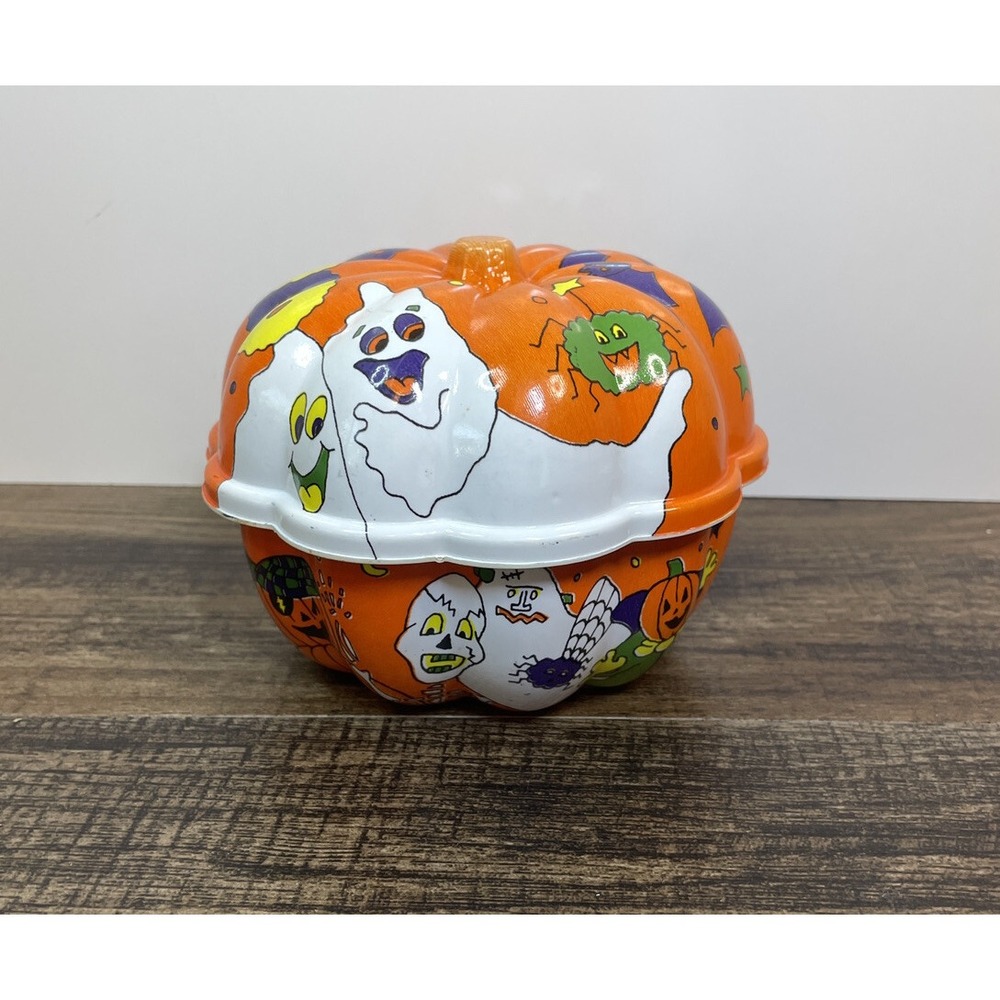 Vintage 5" Plastic Halloween Pumpkin Container with Lid Cartoon Ghost Witch